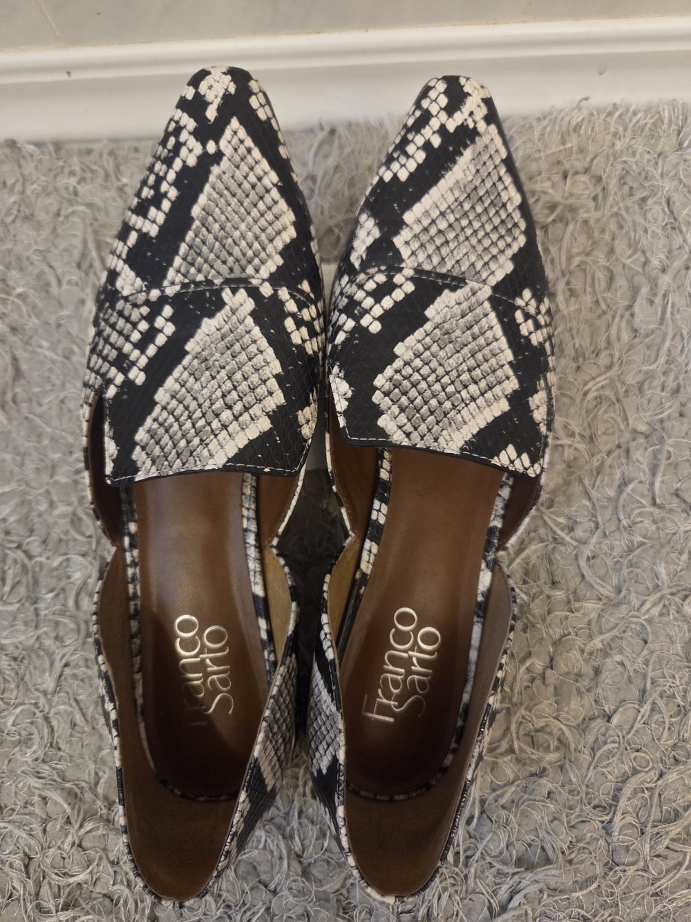 Franco Sarto Black & White Snake-Print Pointed D'Orsay Flats